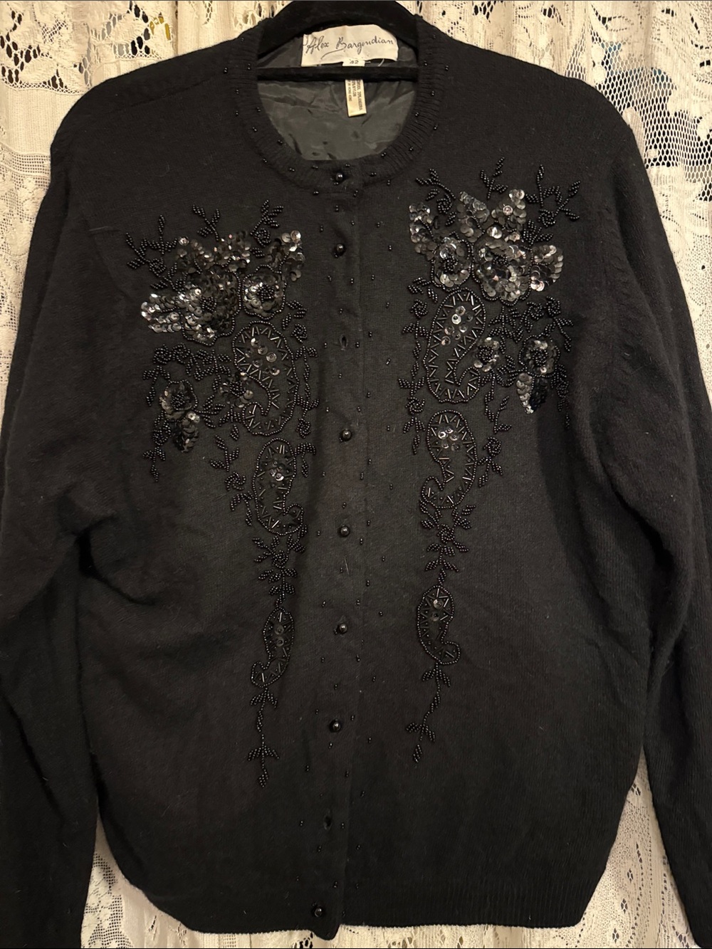 Vintage Lambswool angora Black Beaded Flower Embellished Cardigan